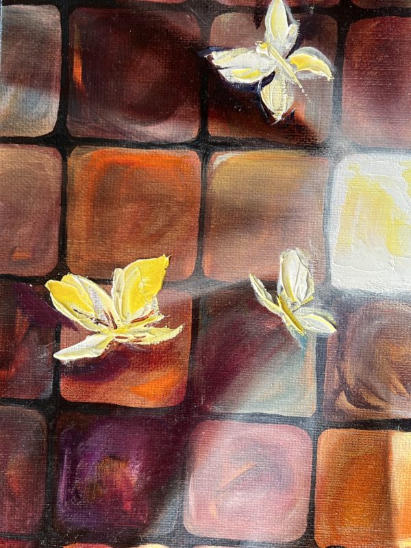Detail (2) Waltz of the Butterflies — mosaic detail, warm red-brown cells