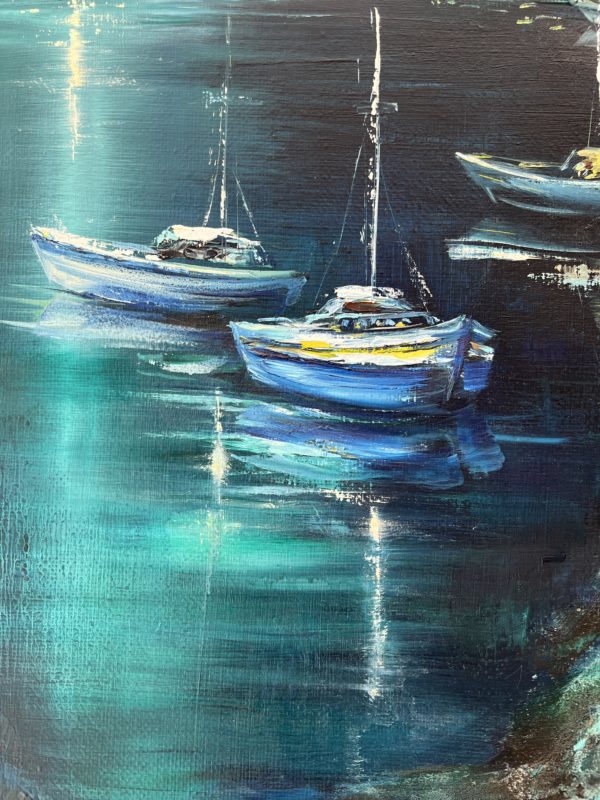 Moonlight Harbor — detail, reflections on calm water