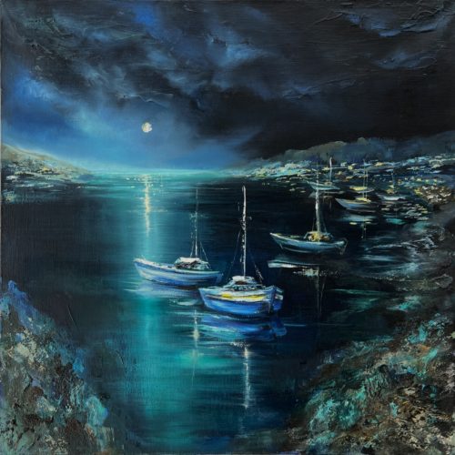 Frontal Moonlight Harbor — oil on canvas, Force of the Sea series