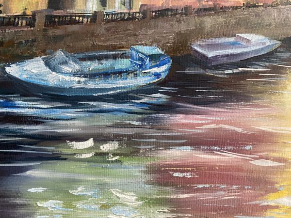 Daybreak over Moika River — detail, boats by the granite embankment