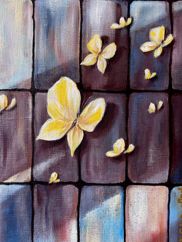Detail6 Aflutter — butterflies on crimson and violet glasswork