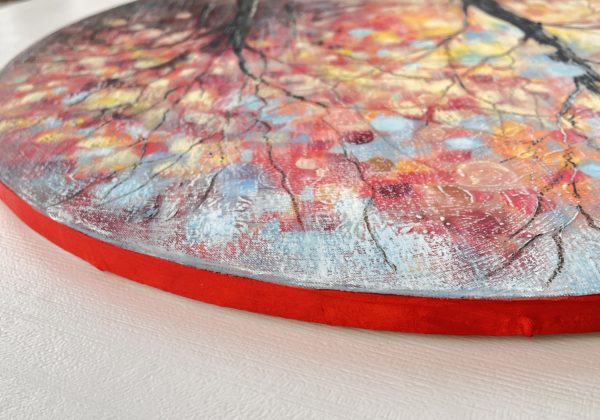 Autumn Mosaic — side view, red edge of the round canvas