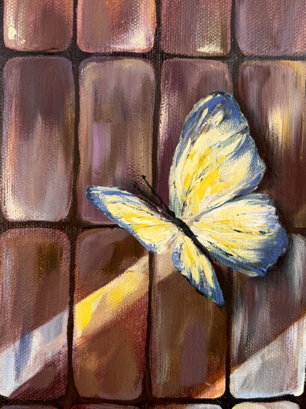 detail4 Fragile: Handle with Care — butterfly on amber glass tiles